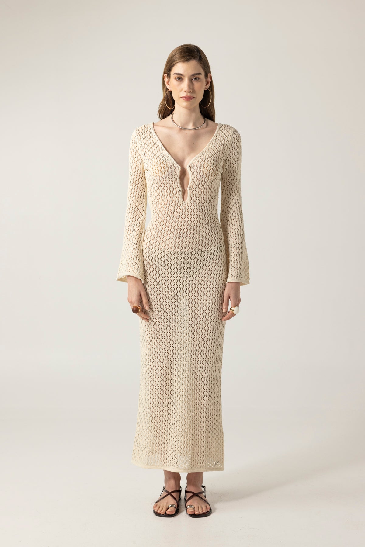 Aurelia Ekru Maxi File Elbise
