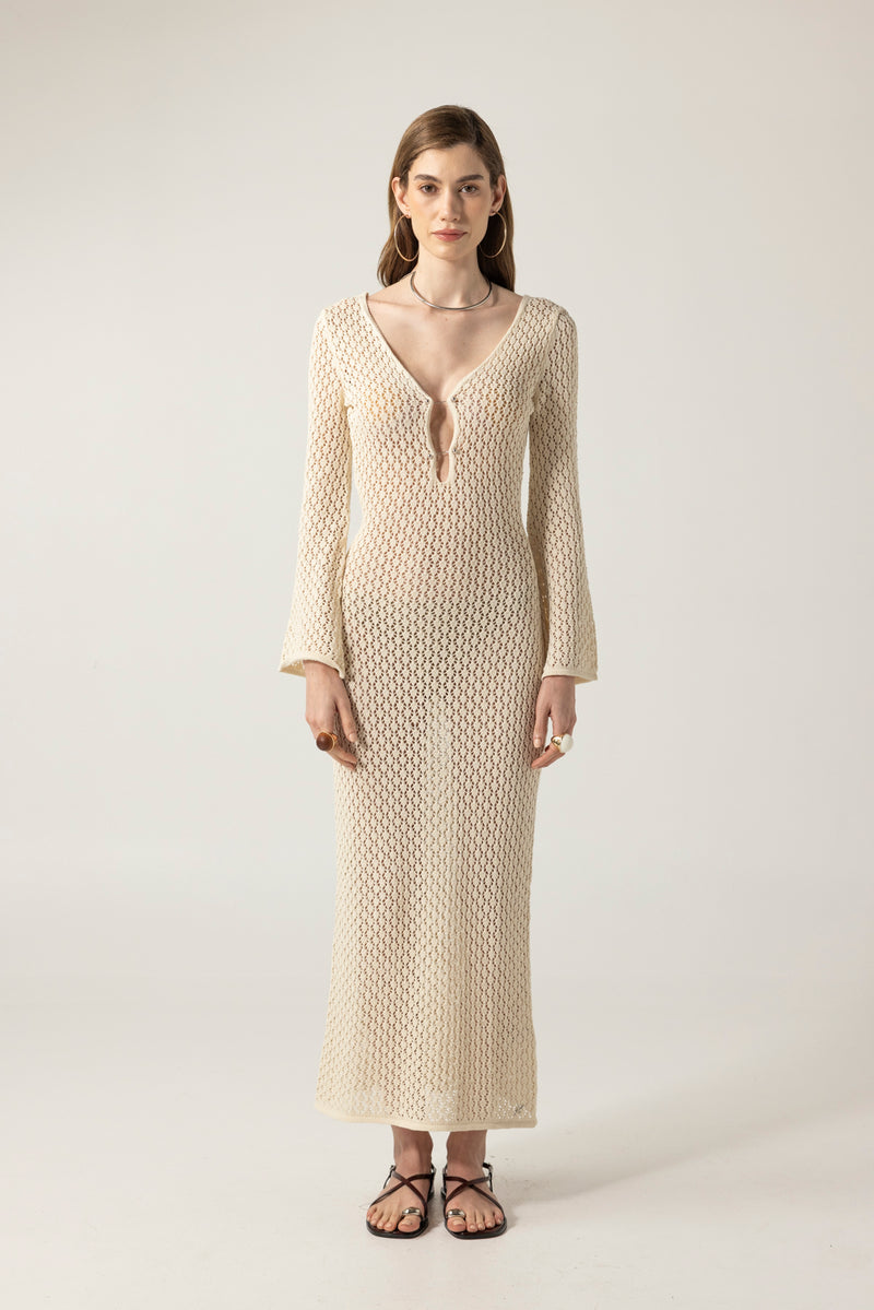 Aurelia Ekru Maxi File Elbise