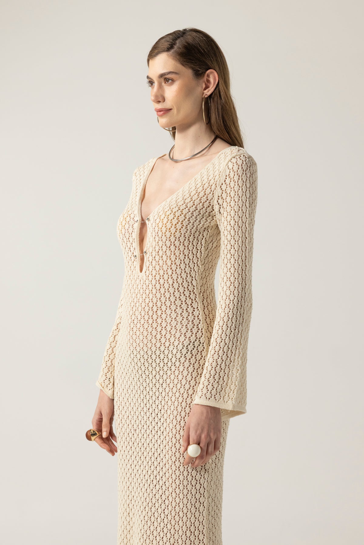 Aurelia Ekru Maxi File Elbise