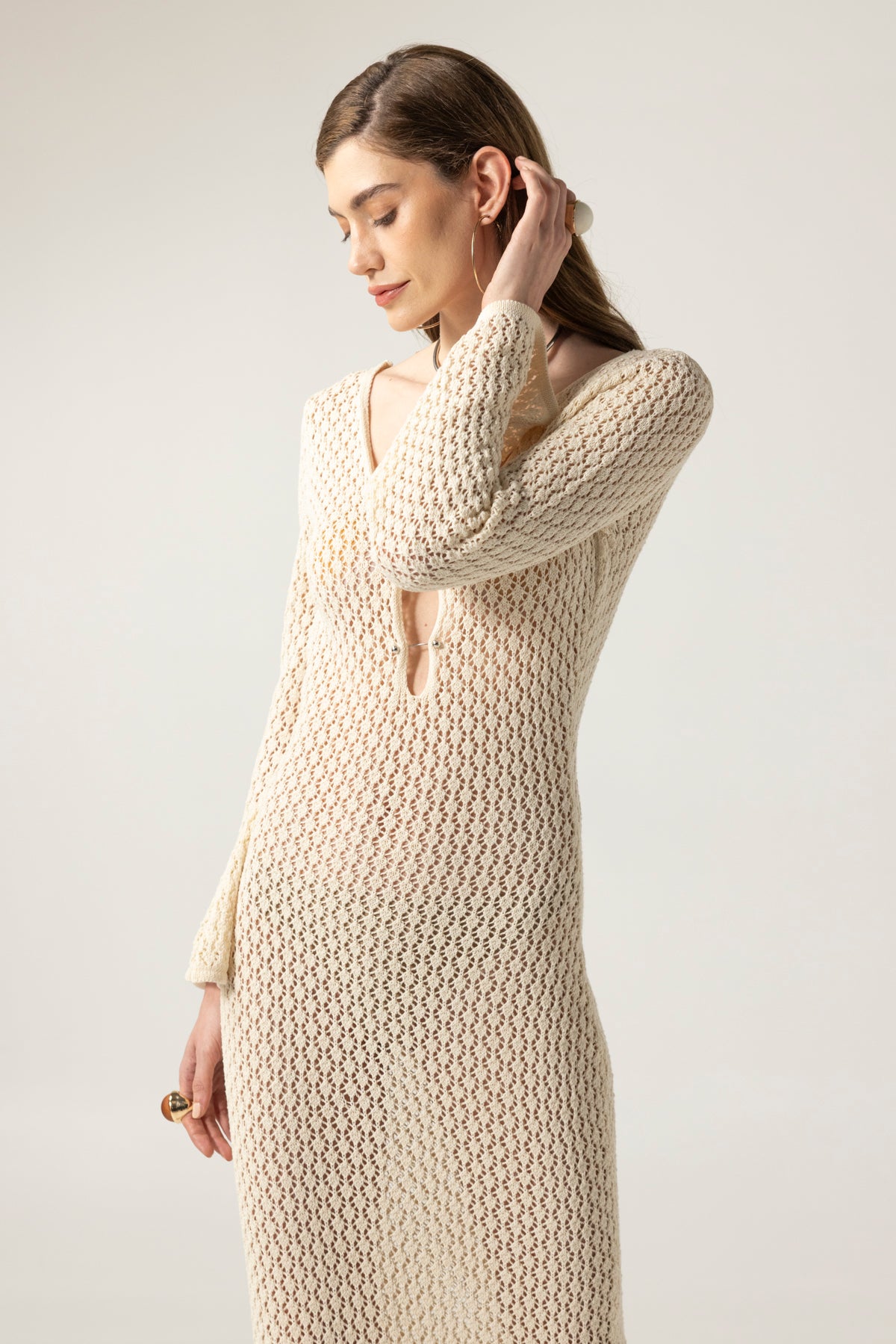 Aurelia Ekru Maxi File Elbise